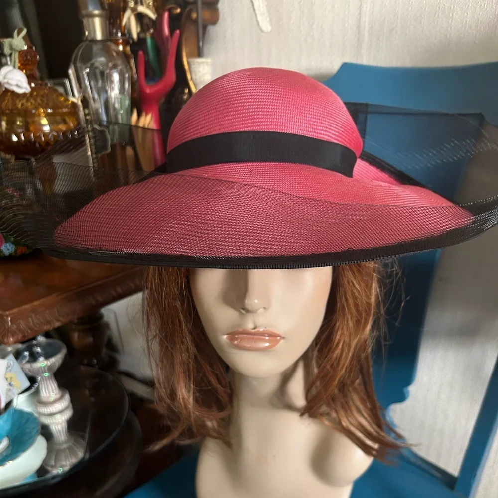 Vintage Pink & Black Wide Brim Derby Hat